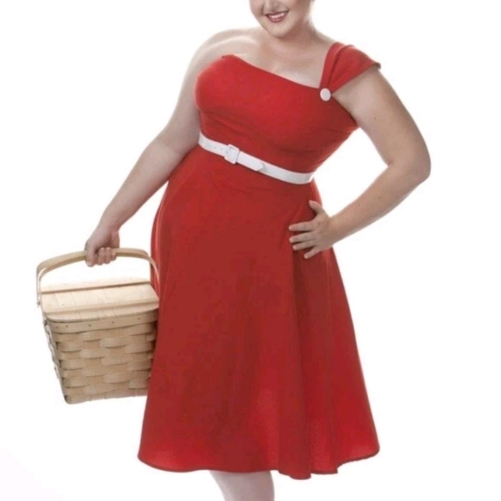 Tatyana Bettie Page Size 4x Red One Shoulder Swing Dress White Button UNICORN - Picture 12 of 12